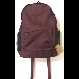 Pink burgundy back pack front,side, inside laptop pockets